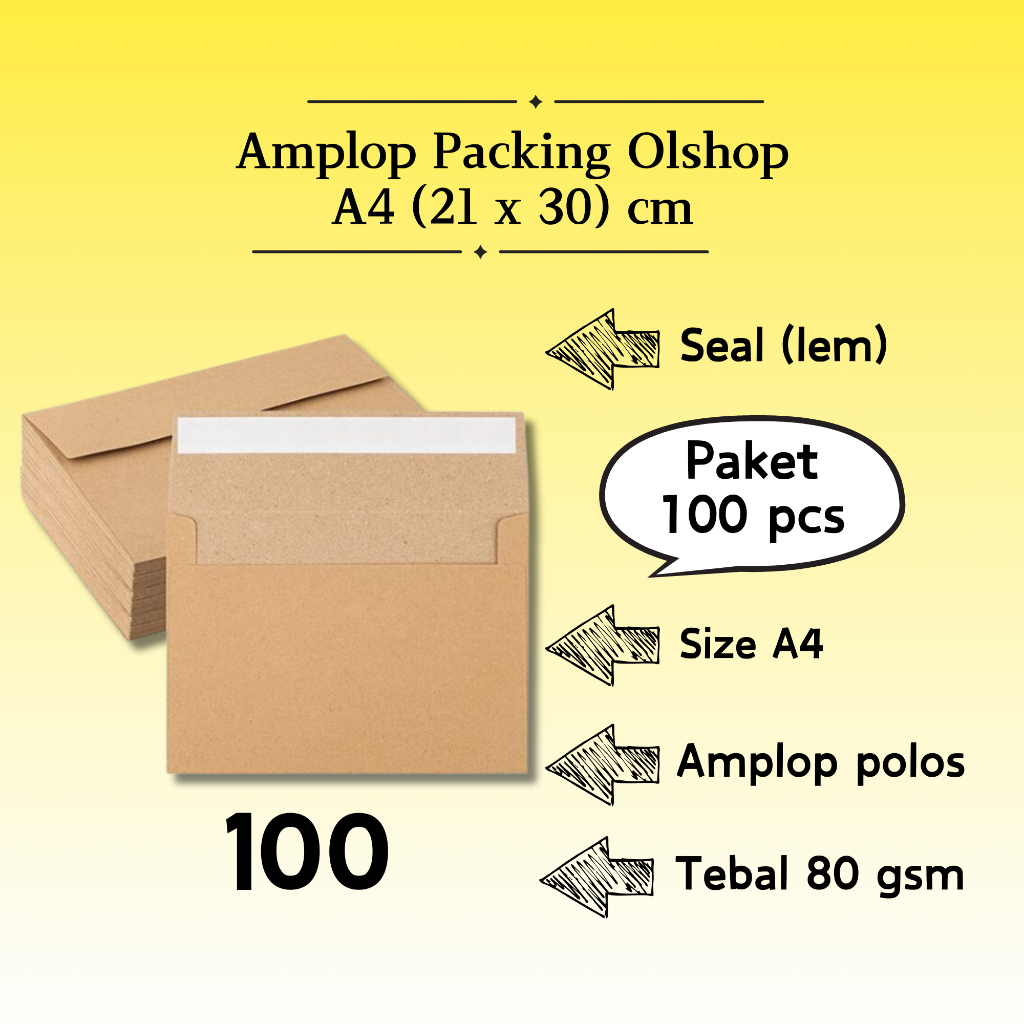 

100 Pcs Landscape - Amplop Packaging Kraft Potrait Amplop Klasik Coklat Polos Seal (Pakai Lem) A4 21 x 30 cm