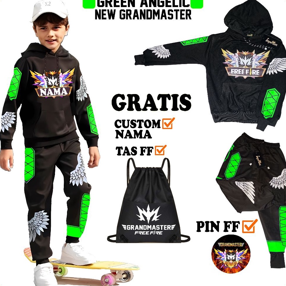 KODE H33H Setelan Anak Free Fire Celana Angel dan Jaket Hoodie Grandmaster Kaos FF Gaming Hijau