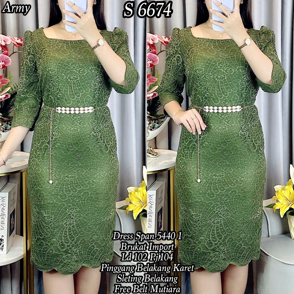 6674 Dress Span Brukat Super Free Belt Mutiara Cantik