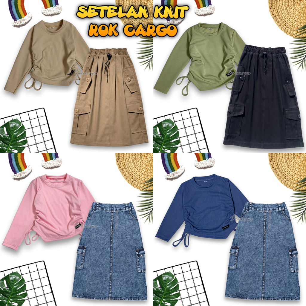 SETELAN ROK CARGO ANAK PEREMPUAN / ROK PANJANG MUSLIM FRIENDLY KEKINIAN / KAOS KNIT CROPTOP USIA 2-1