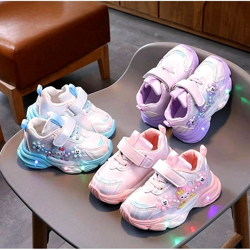 K3157 Sepatu Sneakers LED Duo Elsa Anak Perempuan Cewek Sekolah Lampu Nyala