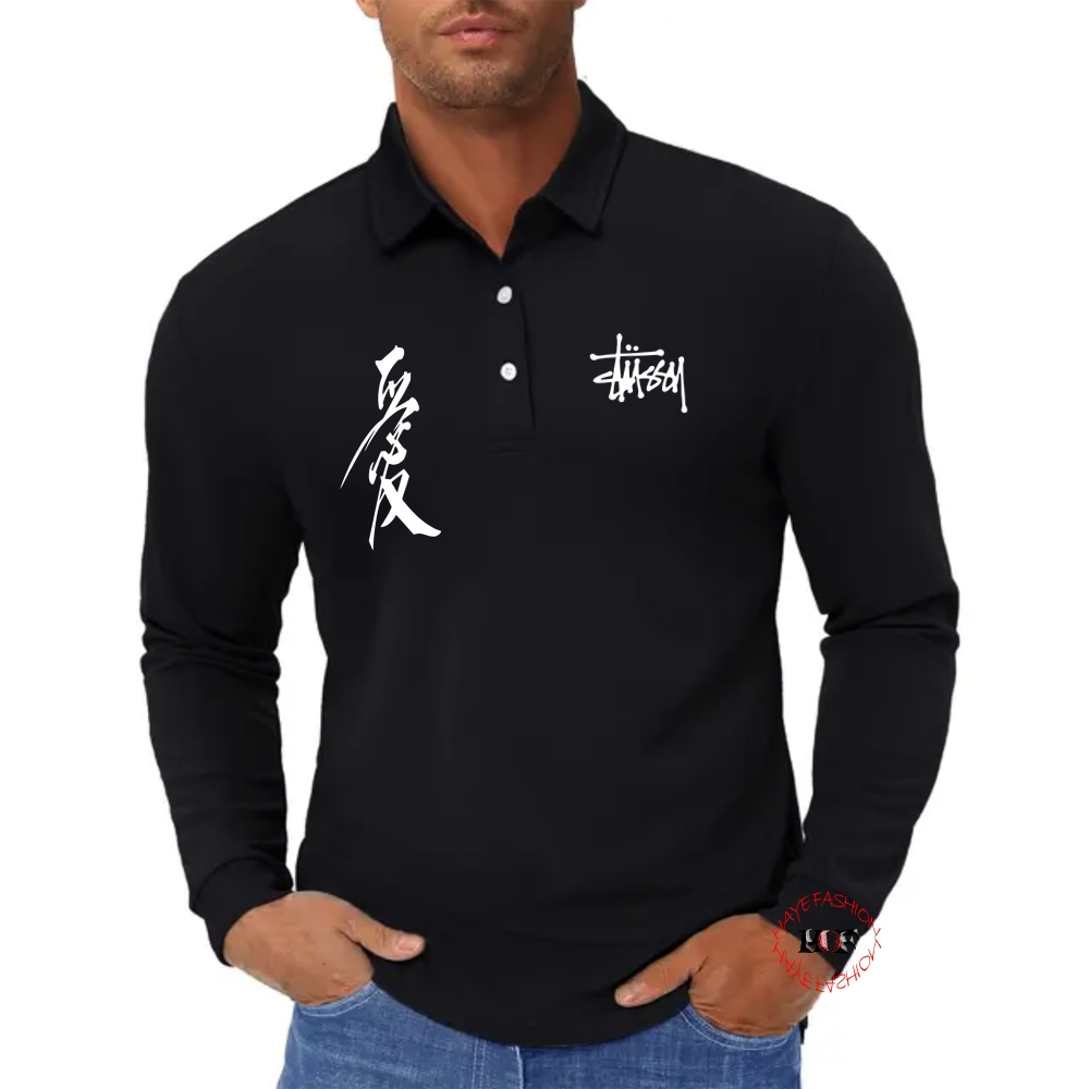 Haye Fashion - Shirt Unisex Polo Lengan Panjang Stussy Jepang Text Putih Kaos Kerah Polo Seragam Baj