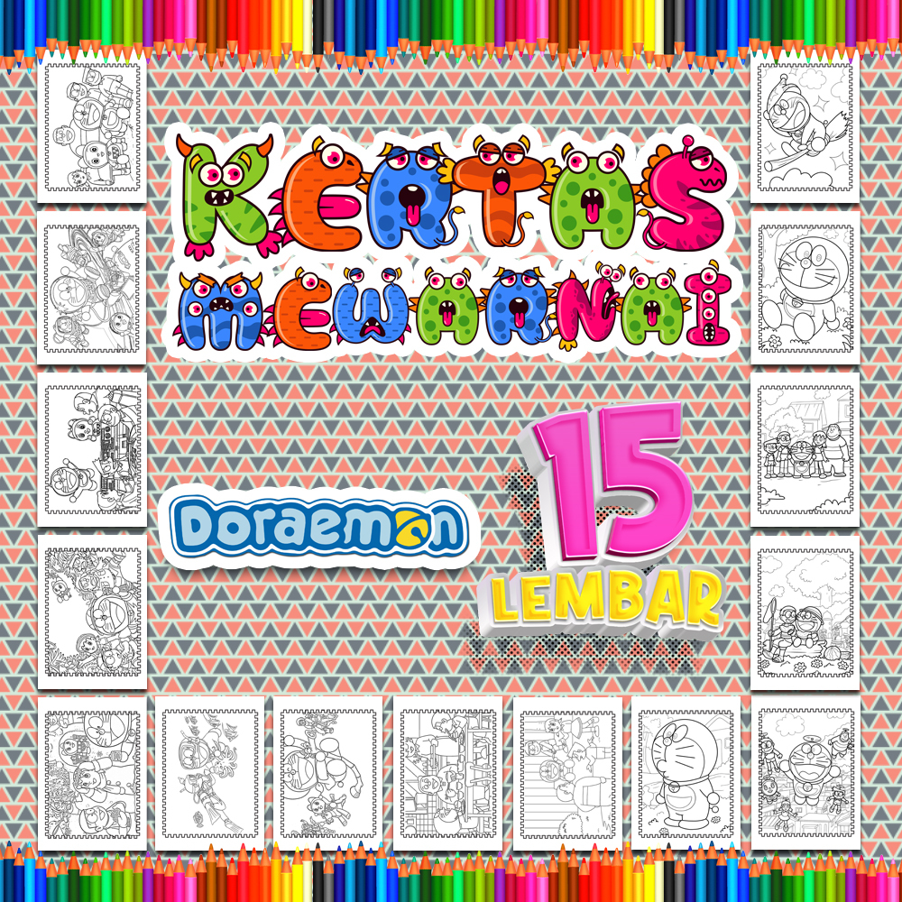 

Kertas mewarnai anak 15 Lembar. coloring worksheet paket lengkap sketsa Tema [Doraemon]