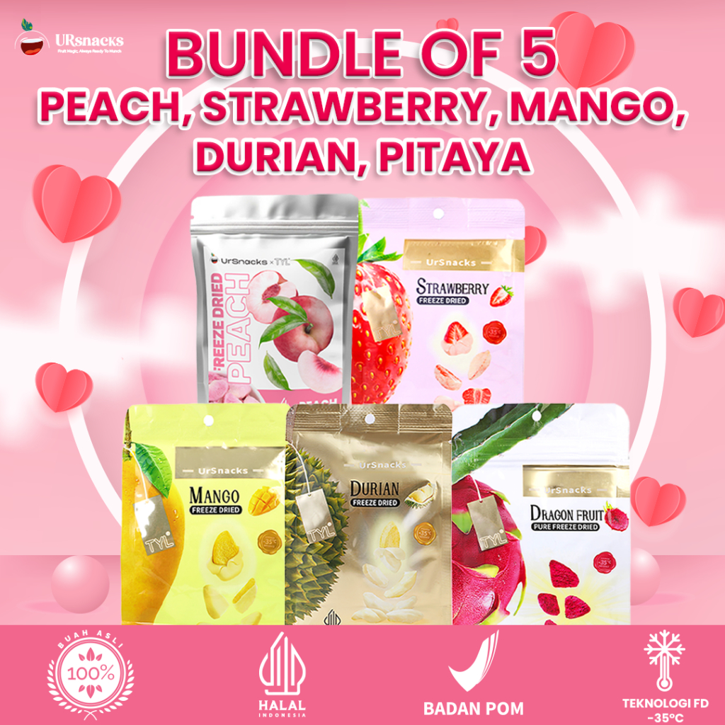 

URSNACKS Bundle Of 5 - Freeze Dried Peach 30gr + Durian 32gr + Mango 32gr + Strawberry 22gr + Dragon Fruit 22gr - Snack Keripik Buah Asli HALAL BPOM