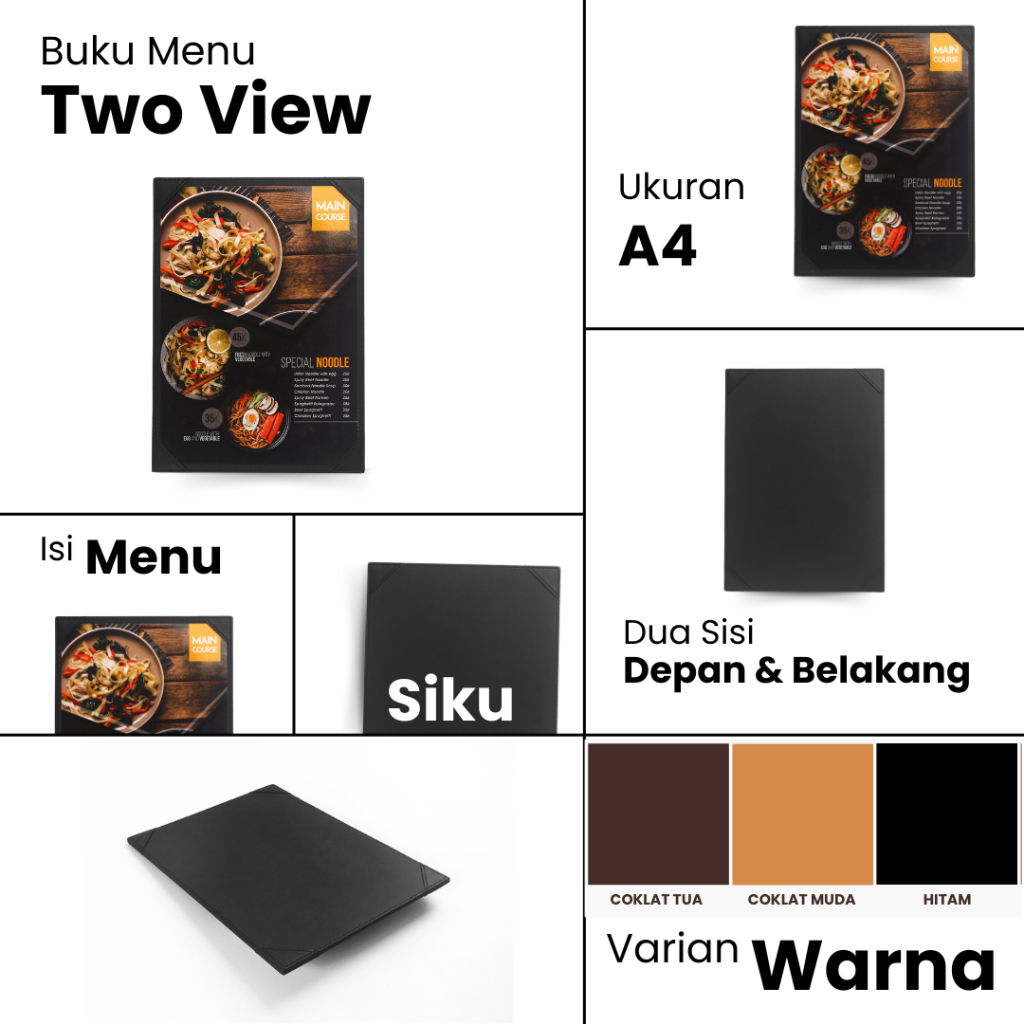 

Buku Menu Jakarta - Buku Menu Kulit Varian Cafe Series Two View (2 sisi) A4 Hitam, Coklat Muda,