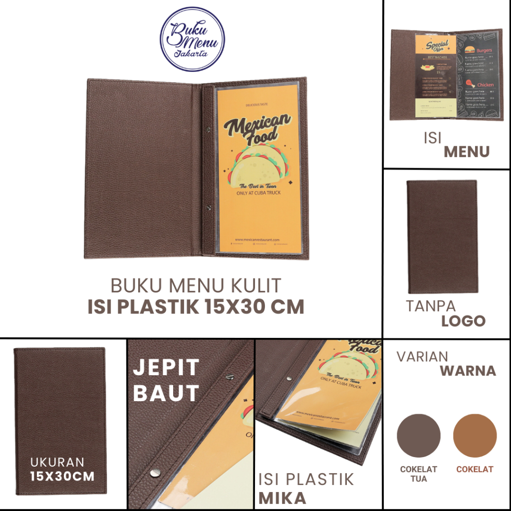 

IK6 Buku Menu Jakarta - Buku Menu Kulit Jepit Baut Isi Plastik Mika A4 dan 15x30cm Hitam dan Coklat