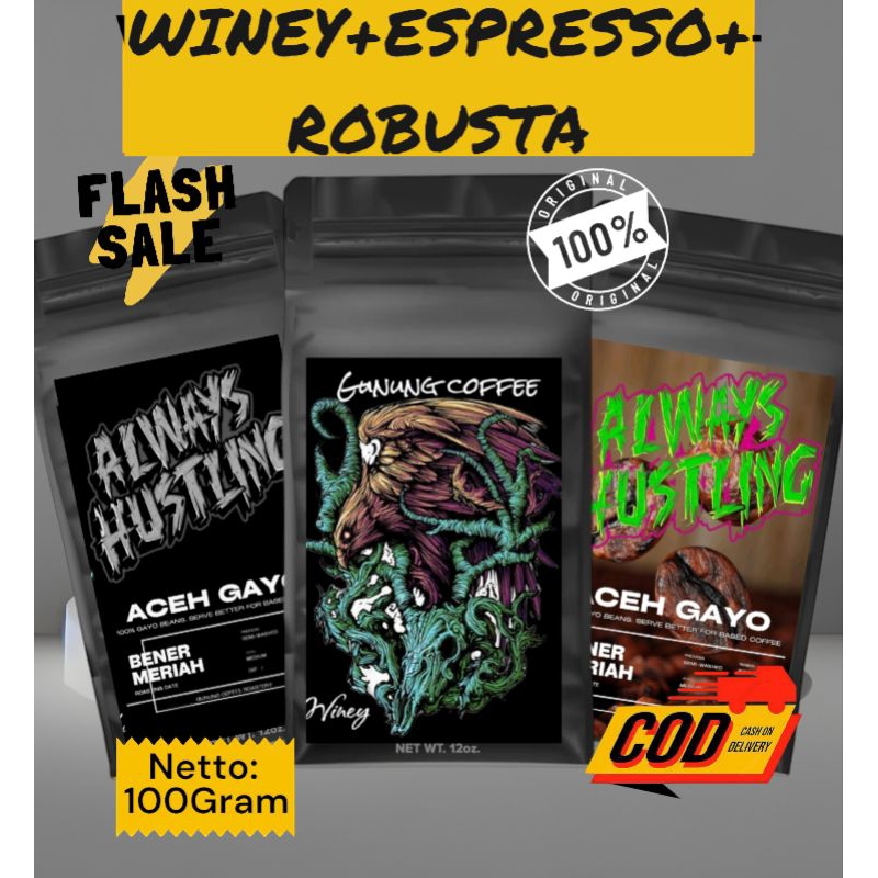 

BUBUK KOPI WINEY VINTAGE GAYO/GRINDCORE ESPRESSO/ROBUSTA BY. GUNUNG COFFEE 3PCSX100GRAM