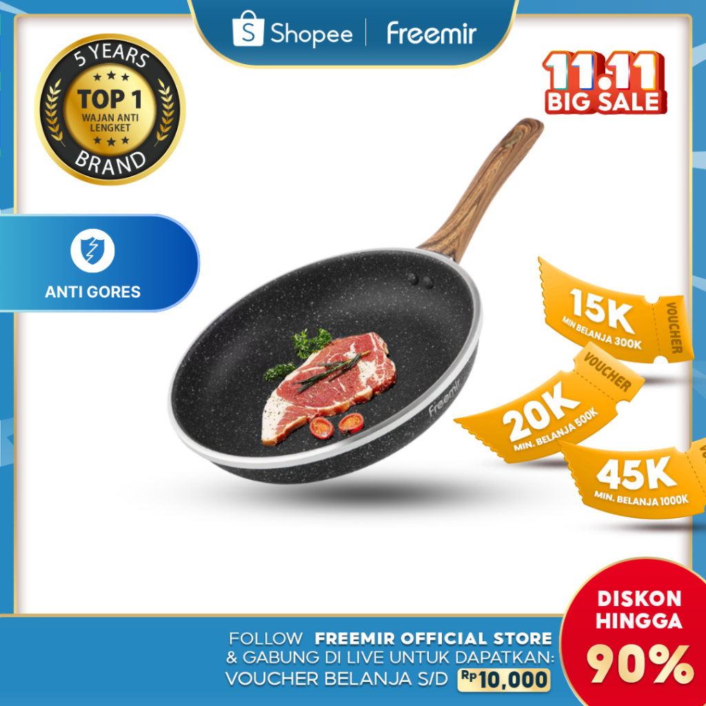 [OFFICIAL MALL] freemir Wajan Penggorengan 24 cm Anti Lengket Gagang Kayu Serbaguna