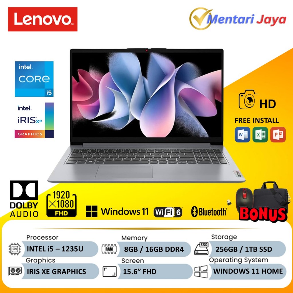 LENOVO IdeaPad Slim 1i Laptop Core i5 1235U RAM 16GB 1TB SSD 15 FHD Win11 Baru