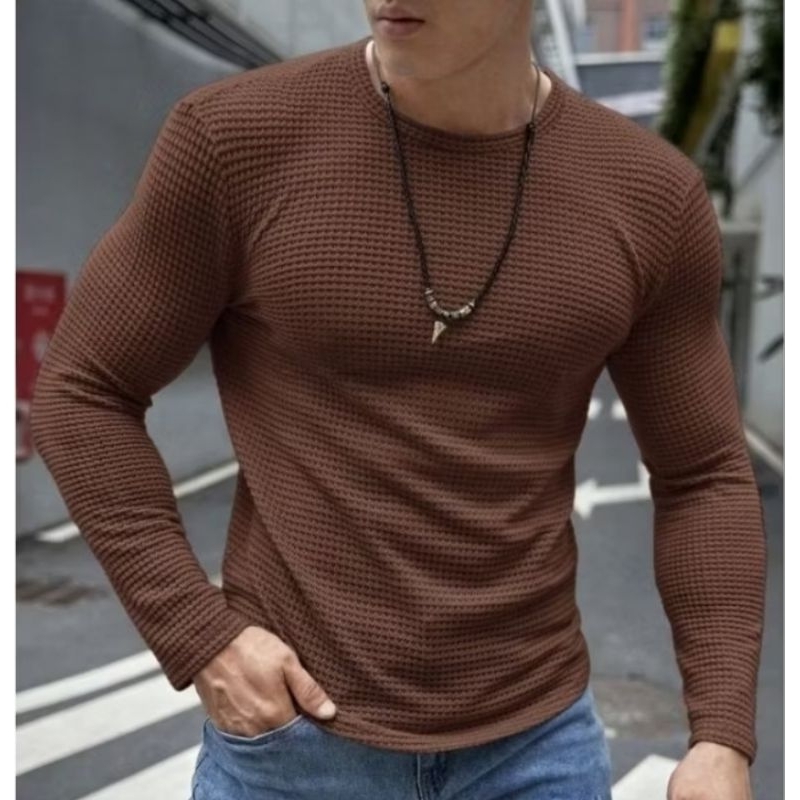 Kaos Polos Pria Waffle Wafer Premium Oblong Lengan Panjang / Kaos Pria Dan Wanita Termurah