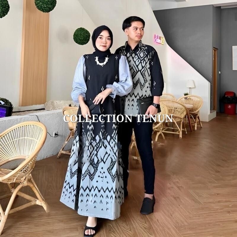 Set Couple Tenun Gamis Rahayu Hitam Abu baju set pasangan pria wanita kondangan prewedding guru kart