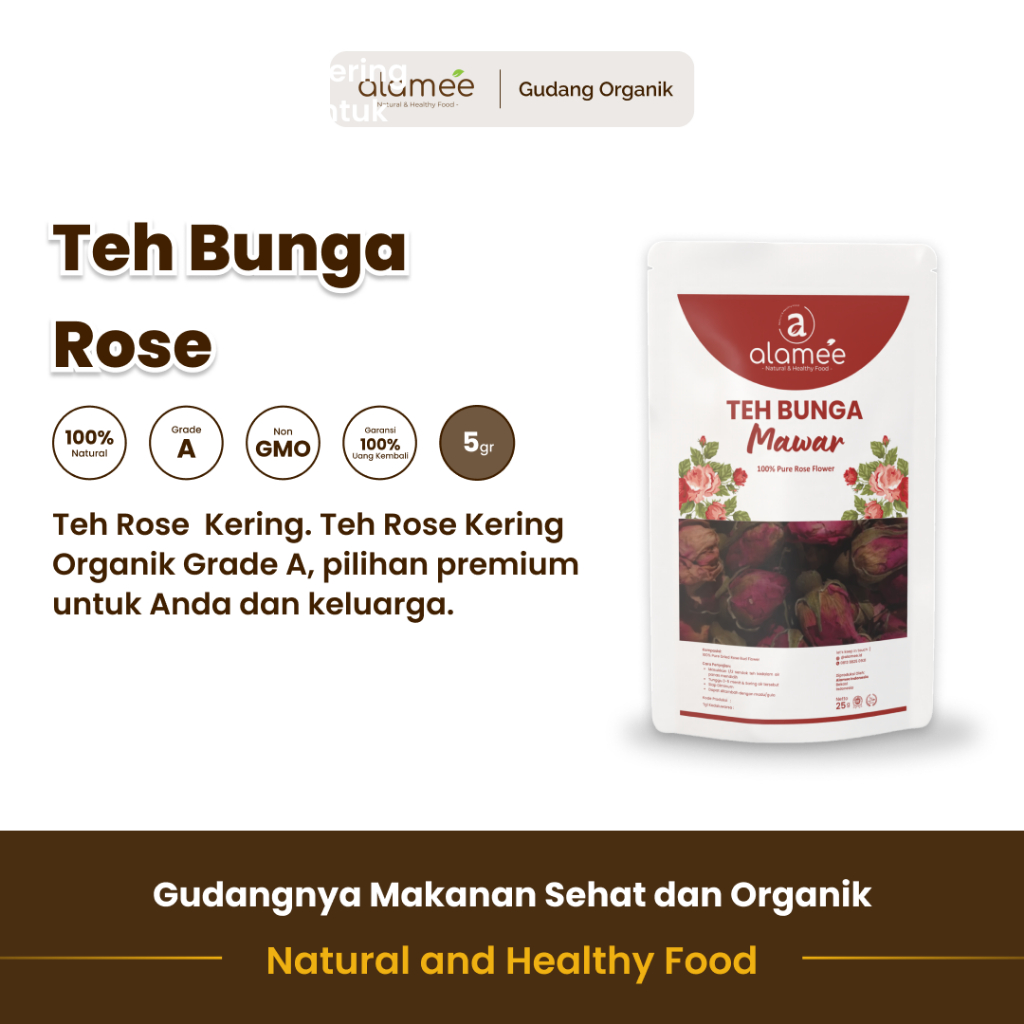 

alamee teh bunga rose dengan 5 gram kandungan menawarkan aroma menyegarkan dan khasiat