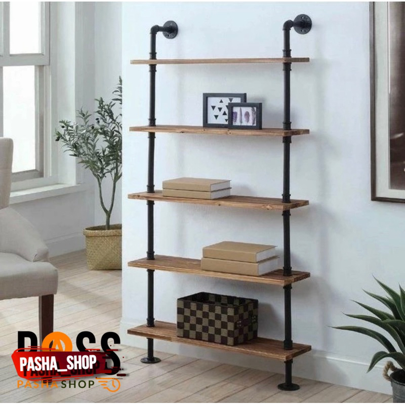 Rak industrial - rak buku - rak pajangan dinding - lemari pakaian dinding - rak ambalan kayu jati be