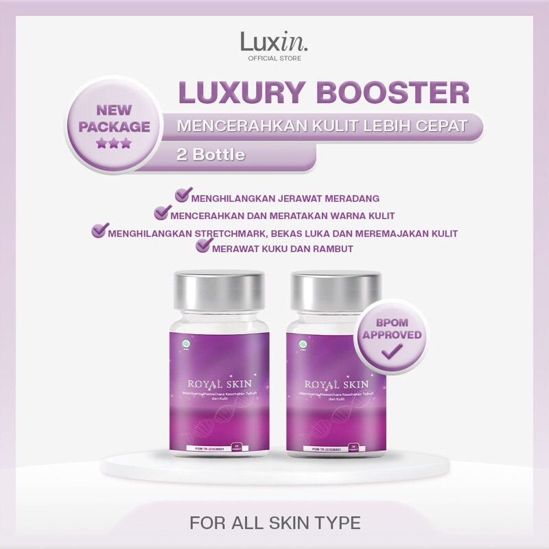 (NEW PACKAGING) Luxury Booster 2 Paket Isi 4 Botol Mencerahkan Kulit 15X Extra Whitening BPOM Suplem