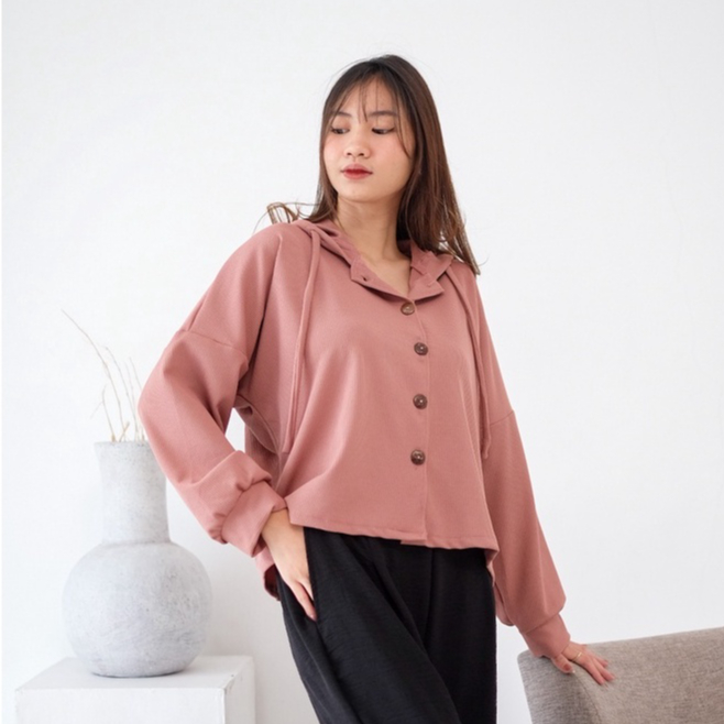 ALYA Hoodie With Buton Semi Crop Waffle Knit OOTD Kasual Hijab