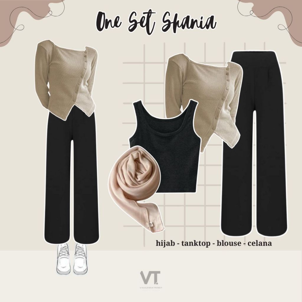 One Set Shania (Hijab, Tanktop, Blouse, Celana) OOTD Hijab Korean Style