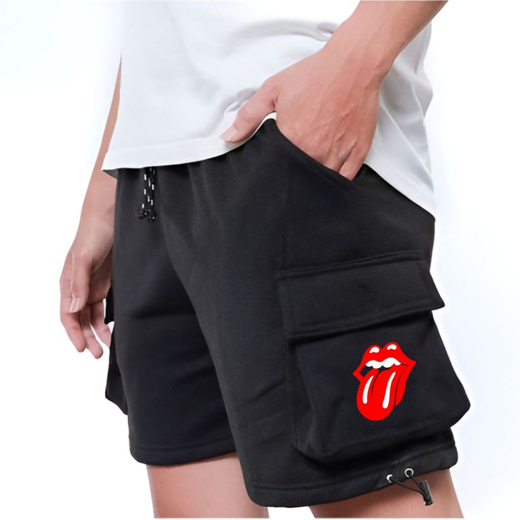 Yinyanks celana Pendek cargo Hitam Rolling Stone bahan fleece unisex