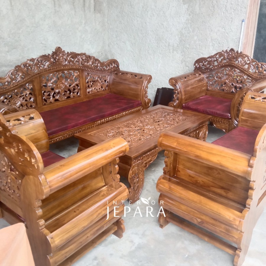 Kursi Kayu Jati Minimalis + Bantalan Kain Tenun, Kursi Jati Jepara
