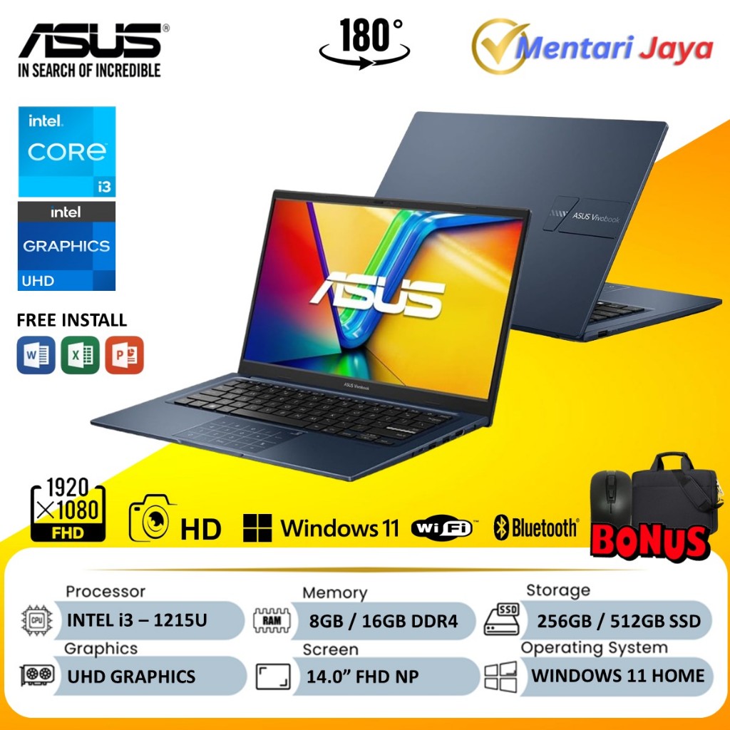 ASUS Vivobook 14 X1404ZA Laptop core i3 Gen 12 RAM 16GB SSD 512GB Full HD Win11 Baru