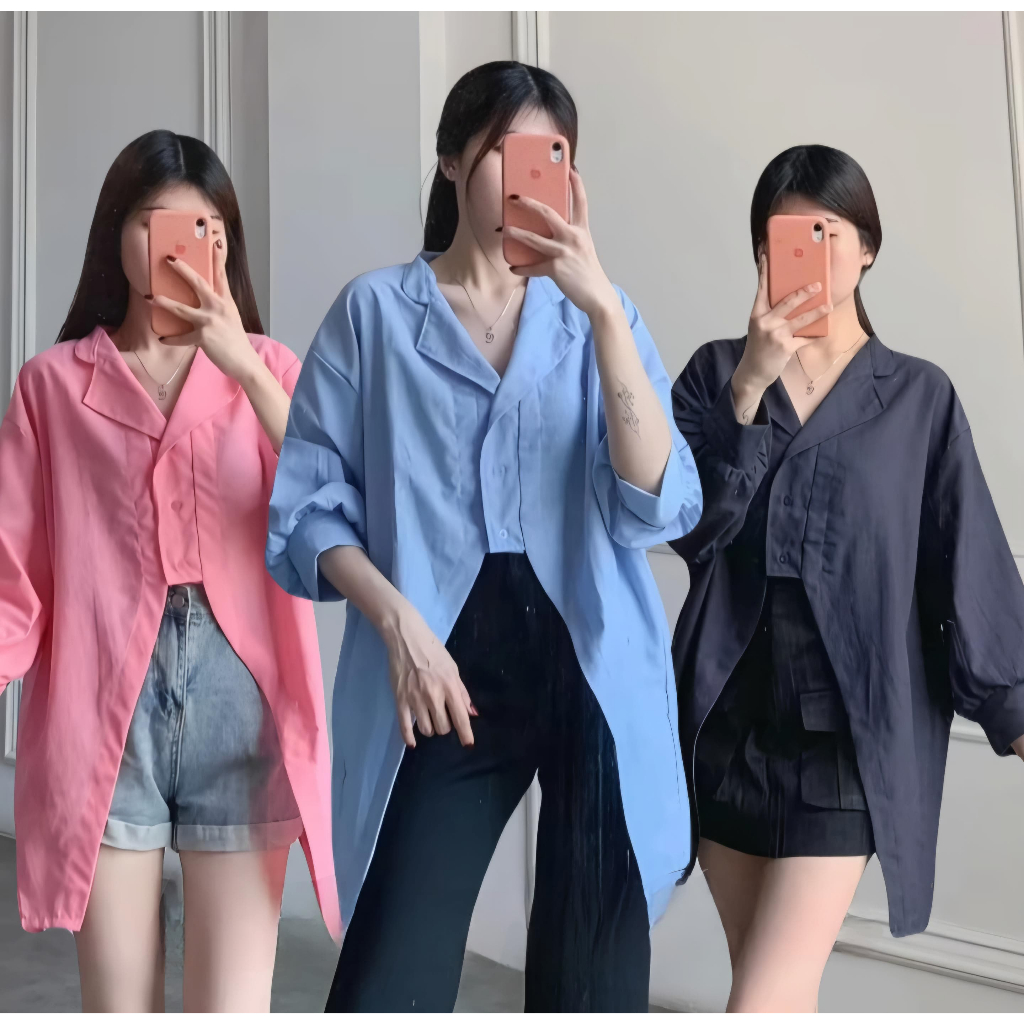 Kemeja Jena Atasan Wanita Crop Polos Oversize Bahan Katun Poli
