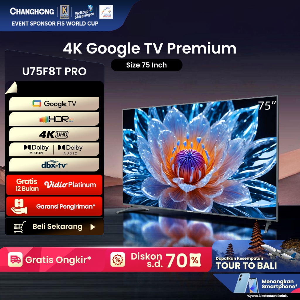 Google TV Changhong 75 Inch 4K  UHD Smart Digital LED TV-Google Assistant-UHD-Wifi-Netflix (Model: U