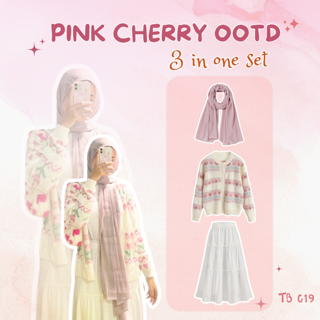 3 In1 SET Pakaian Wanita Hijab Pink Cherry OOTD (Cardigan Love+Rok Susun Ruffle+Pashmina) TB 019