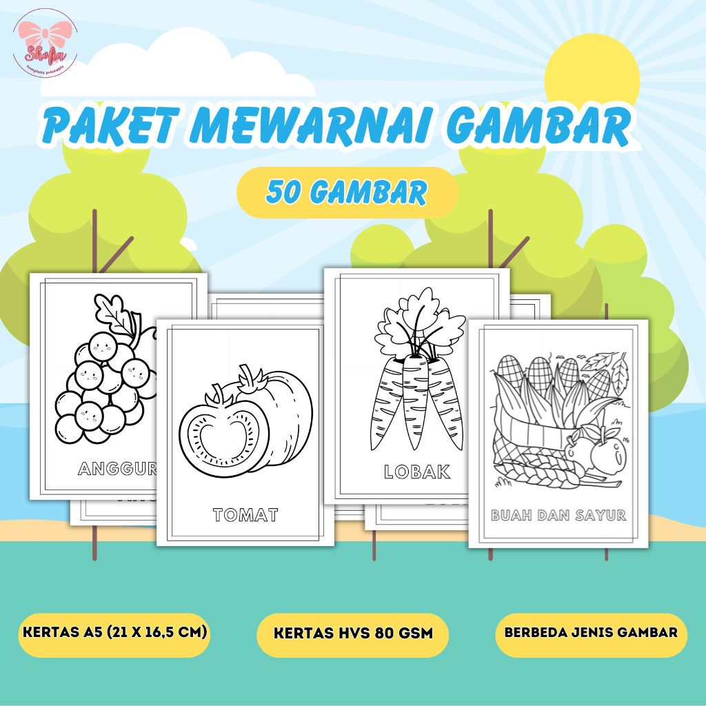 

Paket 50 Lembar Kertas Mewarnai Ukuran A5 Karakter Buah dan Sayur