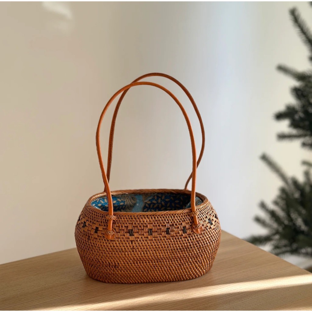 Njiat TAS JINJING ROTAN BALI TEMPAT BUNGA HANDMADE wanita Rattan Top Handle Bags Straw Tote Summer G