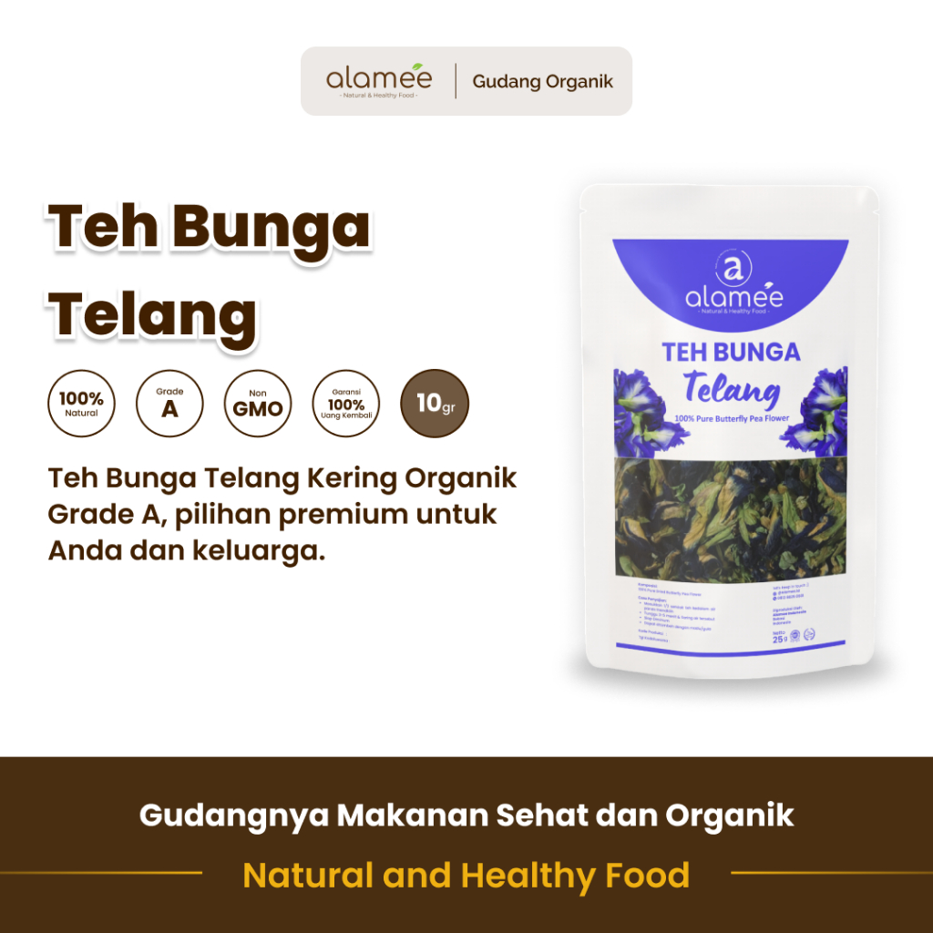 

ALAMEE Teh Bunga Telang Butterfly Pea Tea dalam kemasan 10 gram memberikan rasa unik dengan kelembutan