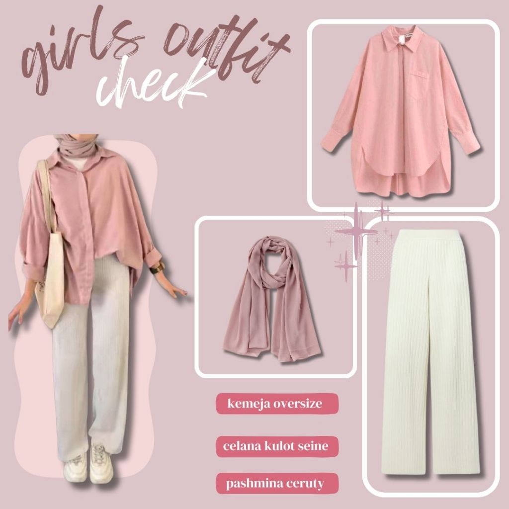 Outfit kekinian wanita hijab|Outfit kampus (kemeja oversize, Celana kulot, pashmina ceruty) -LU010