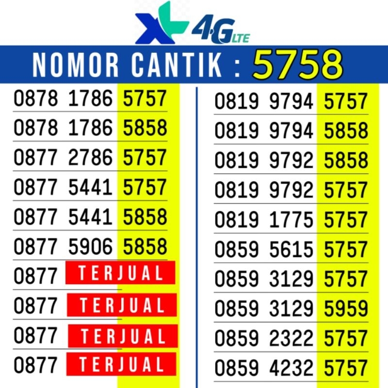 Kartu Perdana Nomor Cantik XL 5758 5757 5858 5959