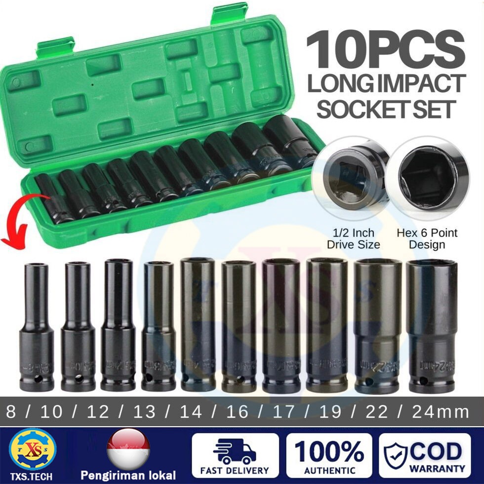 Impact Socket Set(Stok Siap)10Pcs 1/2 Inch 8-24MM Kunci Sok Set Mata Kunci Impact Impact Socket Set
