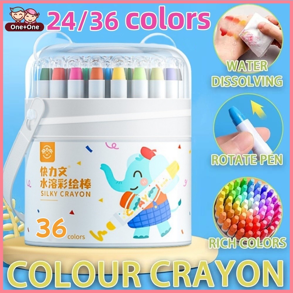 

Free Brush One+One Washable Silky Crayon 24/36/48 Warna Colorful Bucket Krayon Mewarnai Alat Warna Set Anak Wipe and Clean