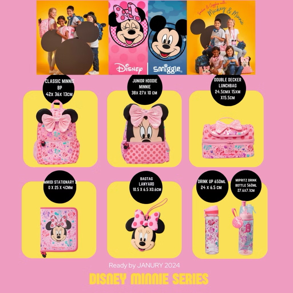 

LBSJK SET SMIGGLE PERALATAN PERLENGKAPAN SEKOLAH EDITION MINNIE PINK / MINNIE PINK SET BOTOL Tali / LUNCHBAG Aluminium MINNIE PINK / Lunchbox BENTO Makan MINNIE PINK / TAS MINNIE PINK SD GRADE ORI