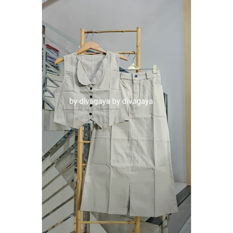 Setelan Wanita Helena Vest + Rok Span Bahan Katun Twill Kekinian