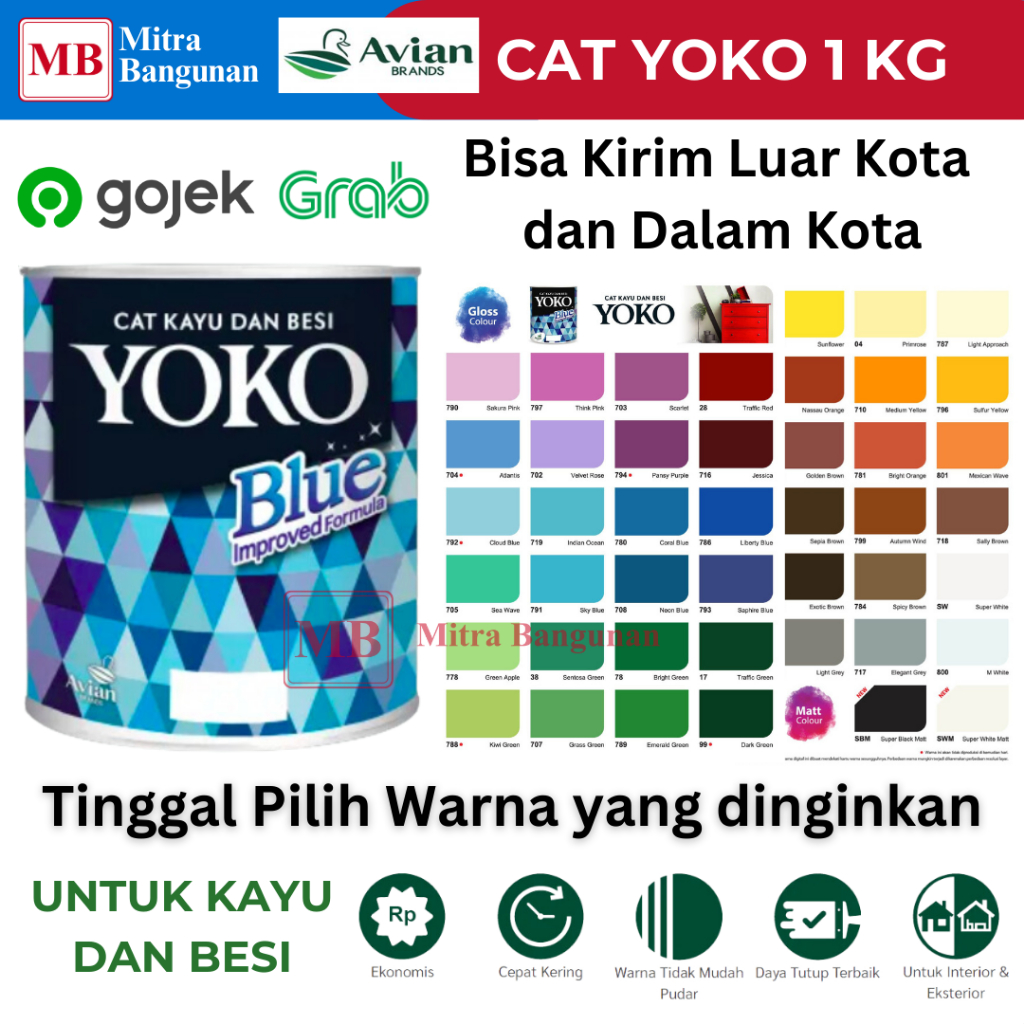 YOKO AVIAN CAT KAYU DAN BESI /MINYAK 0,7 LTR  WARNA PUTIH,HITAM,MERAH,BIRU,KUNING,HIJAU GOJEK, LUAR 