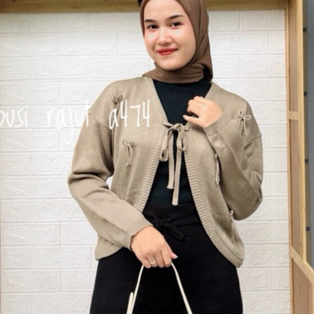ELIZA OUTER CROP ATASAN CARDY RAJUT MOTIP PITA TALI KANCING WANITA LENGAN PANJANG