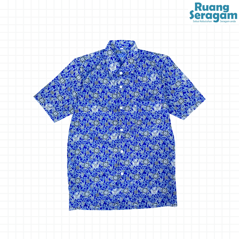 Kemeja Batik Seragam Sekolah Size Remaja SMP/SMA Motif Bunga Rampe Biru Lengan Pendek