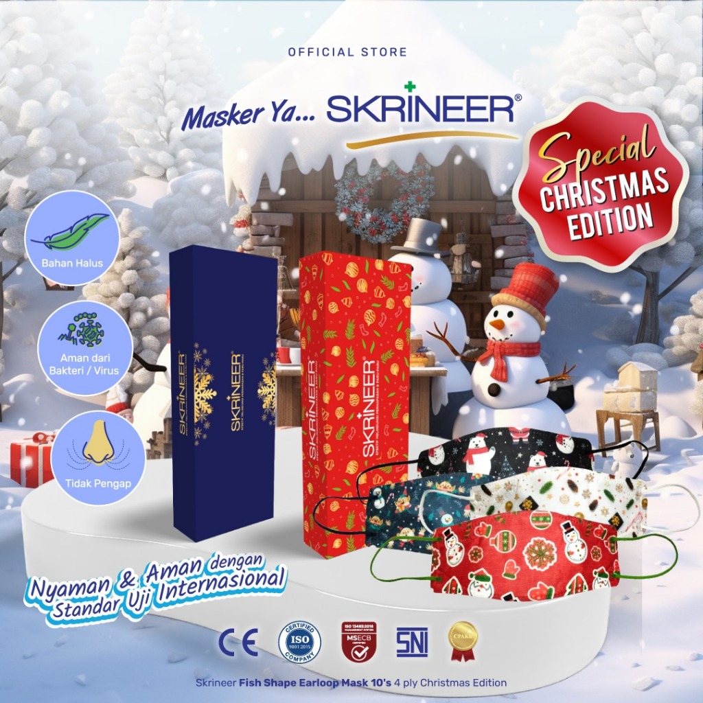 [CHRISTMAS EDITION] Skrineer Masker Ikan Skrineer 4 Ply Earloop Putih Isi 10 Pcs Edisi Natal