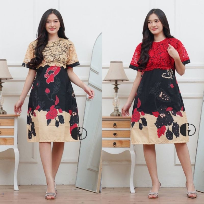 dress brokat natal kondangan lengan pendek batik katun hari raya casual party
