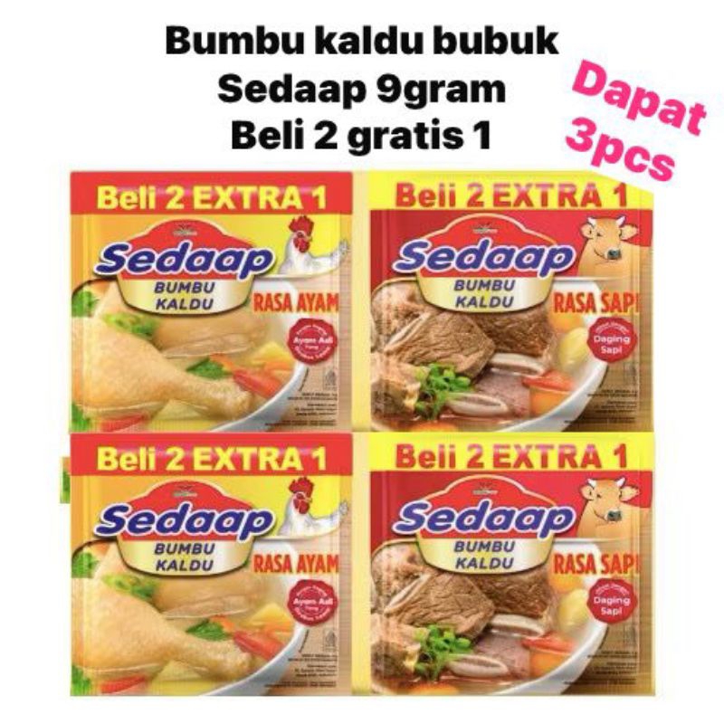 

sedaap bumbu kaldu penyedap isi 3pcs ayam/sapi 9gram