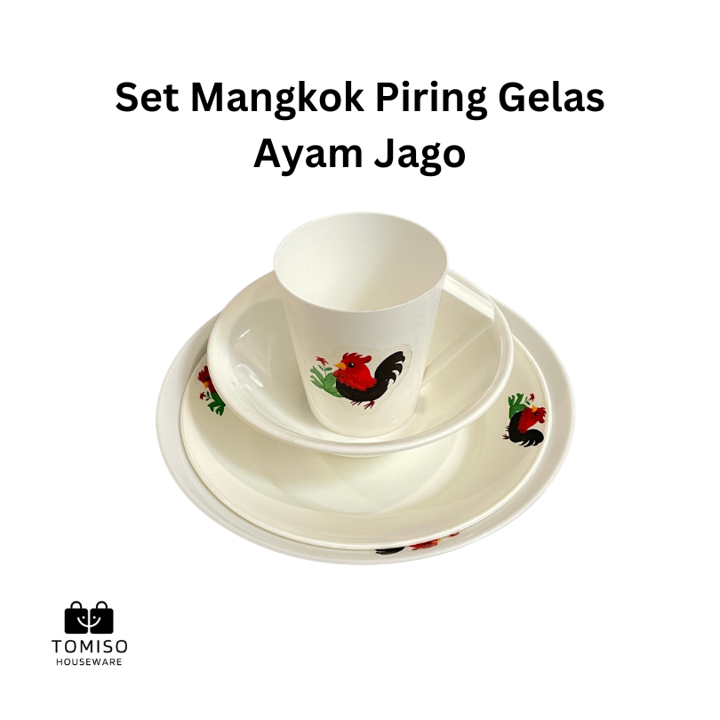 [SET 4 PCS] GELAS, PIRING, MANGKOK AYAM JAGO | PAKET ALAT MAKAN SERBA AYAM JAGO