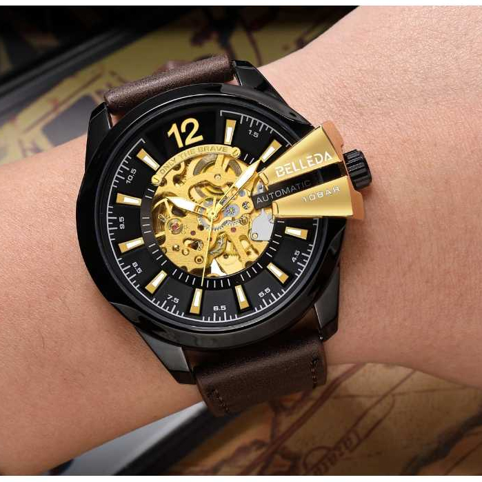 Jam Tangan Pria Belleda 9473 Automatic Luxury Analog Strap Leather Anti Air 3 Atm Watches