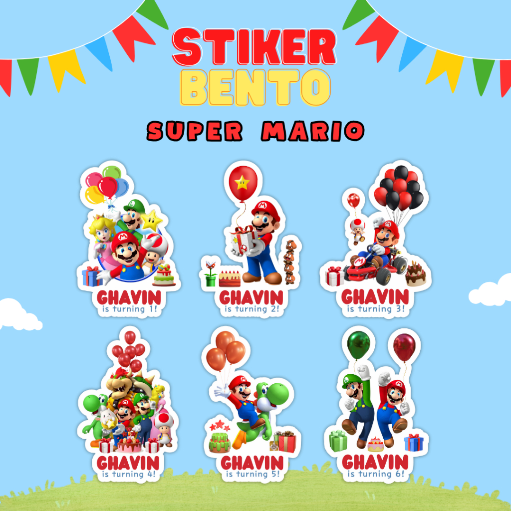 

[Super Mario] Cetak Sticker Bento Happy Birthday Custom Sticker Bento Birthday Anak I Label Sticker Bento Birthday Custom Tema