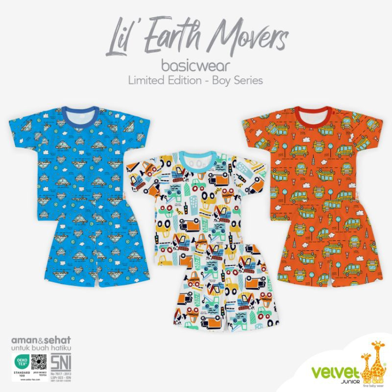 Velvet Junior Stel Laki Laki | Velvet Junior 3 Stel Lil Earth Movers | Baju Bayi Baju Anak Velvet Ju