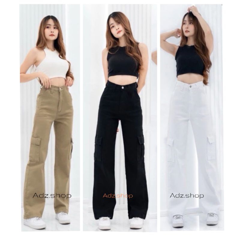Highwaist kargo Loose Denim Putih Baggy Celana Jeans Wanita Panjang Hitam Cream Korea Style