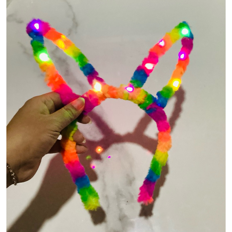 bando bulu telinga lampu led, bando bulu telinga kelap kelip free baterai