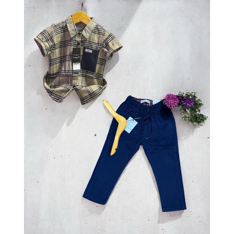 BEST SELLER SETELAN ANAK LAKI-LAKI 6 BULAN-12 TAHUN MOTIF KOTAK-KOTAK FLANEL/PLANEL LENGAN PENDEK PR