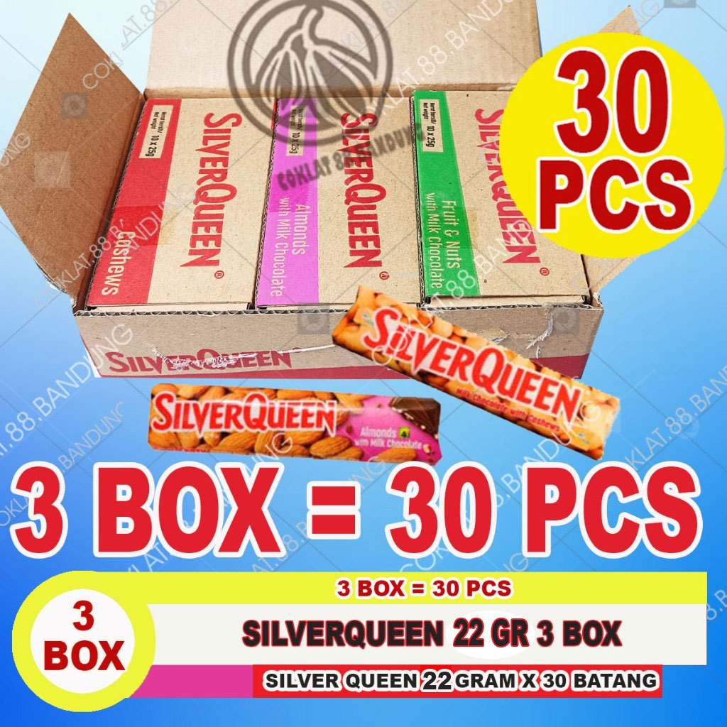 

SILVERQUEEN 22gr ex 25gr 3 BOX 30 pcs, COKLAT SILVER QUEEN 22 gr 25 gram 30 COKELAT ALMOND MEDE