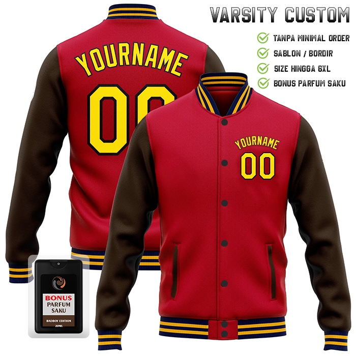 Jaket Varsity Pria Oversize M - 6XL Jaket Bomber Kombinasi Merah Coklat Custom Bordir Satuan Sweater